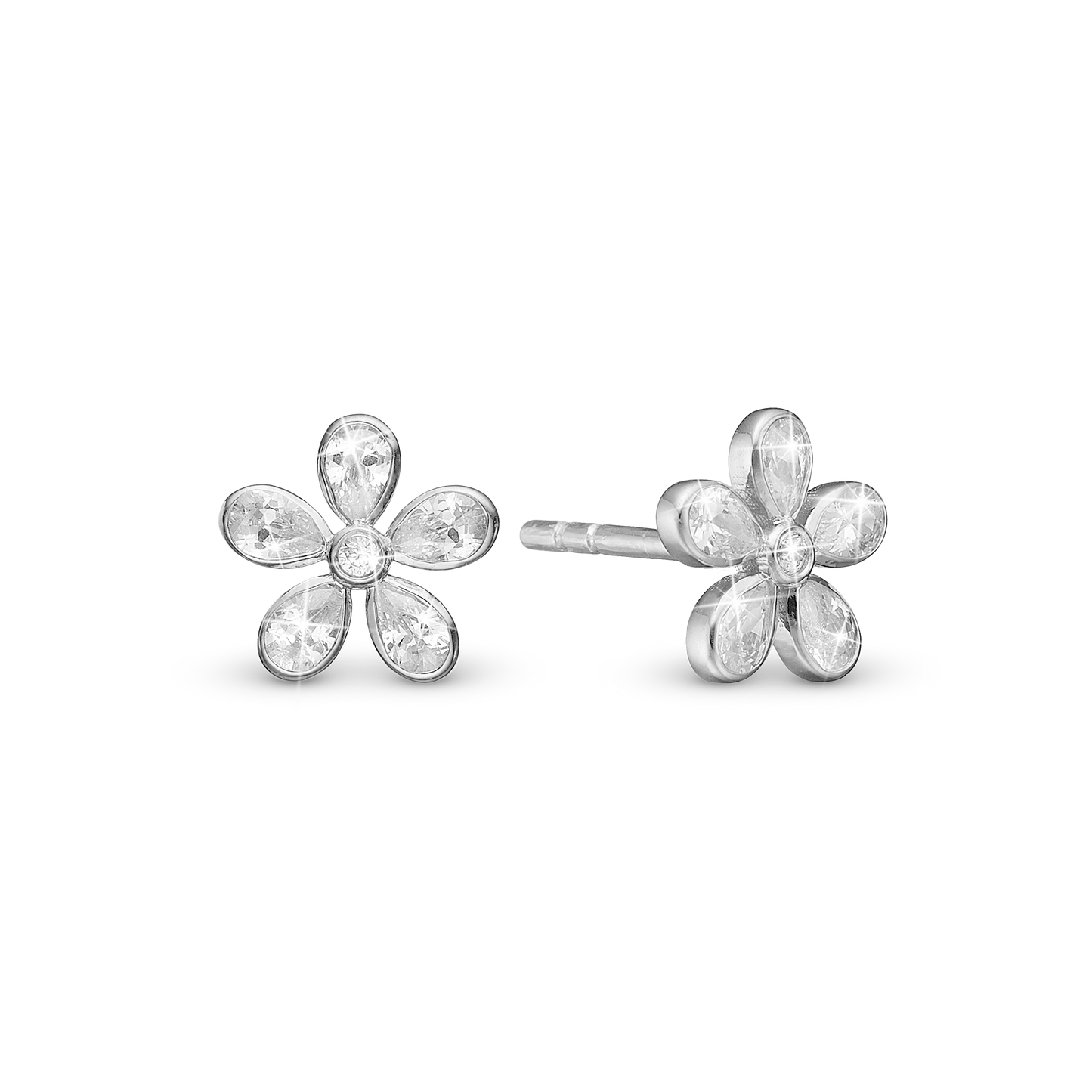 Magic white Flower Stud Earrings - Sterling Silver with 12 white Cubic Zirkonia