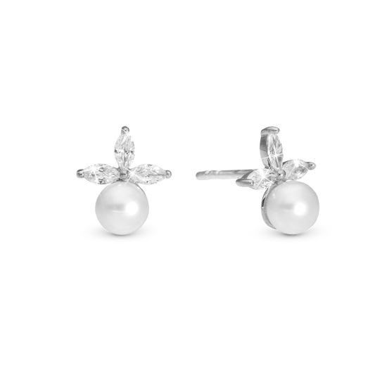 Pearl Lotus Stud Earrings - Polished Sterling Silver with 6 white Cubic Zirkonia