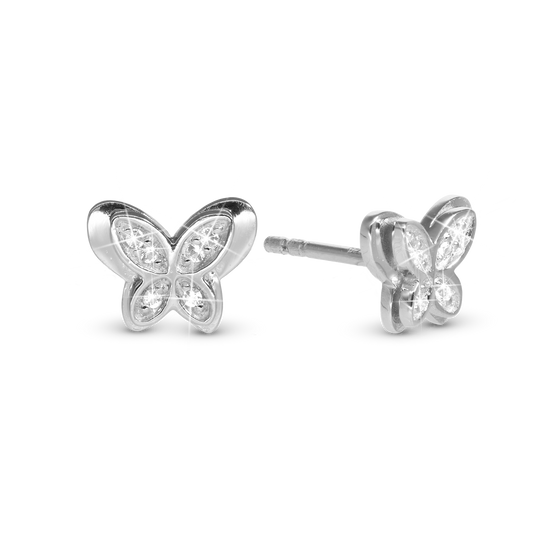 Vibrant Butterfly Stud Earrings - Polished Sterling Silver with 12 white Cubic Zirkonia
