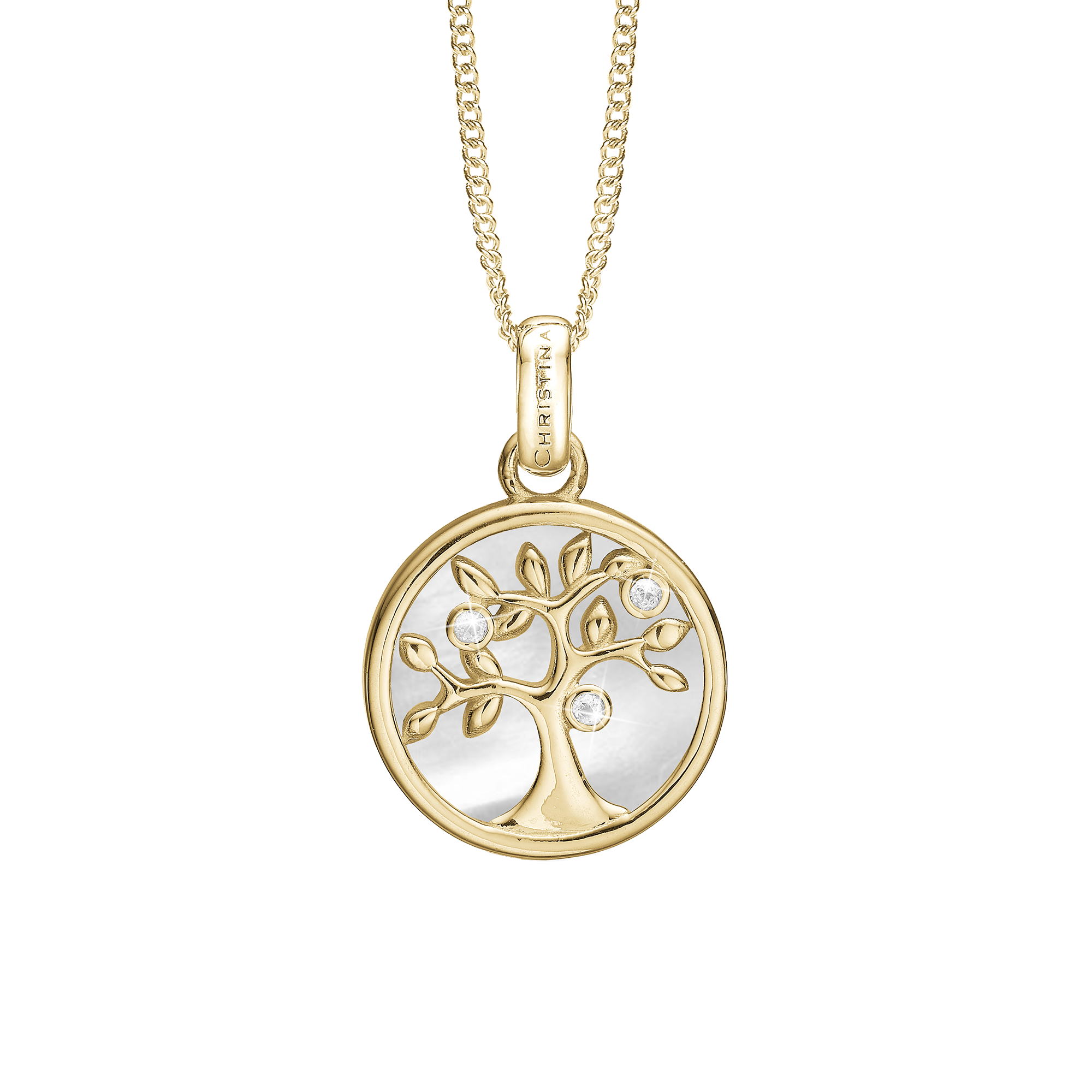 Tree of Life perlemor Earring Pendant - Polished Gold Plated Sterling Silver with 3 white Cubic Zirkonia