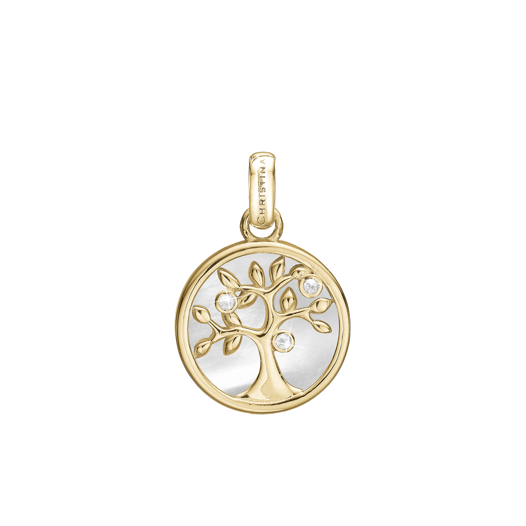 Tree of Life perlemor Earring Pendant - Polished Gold Plated Sterling Silver with 3 white Cubic Zirkonia