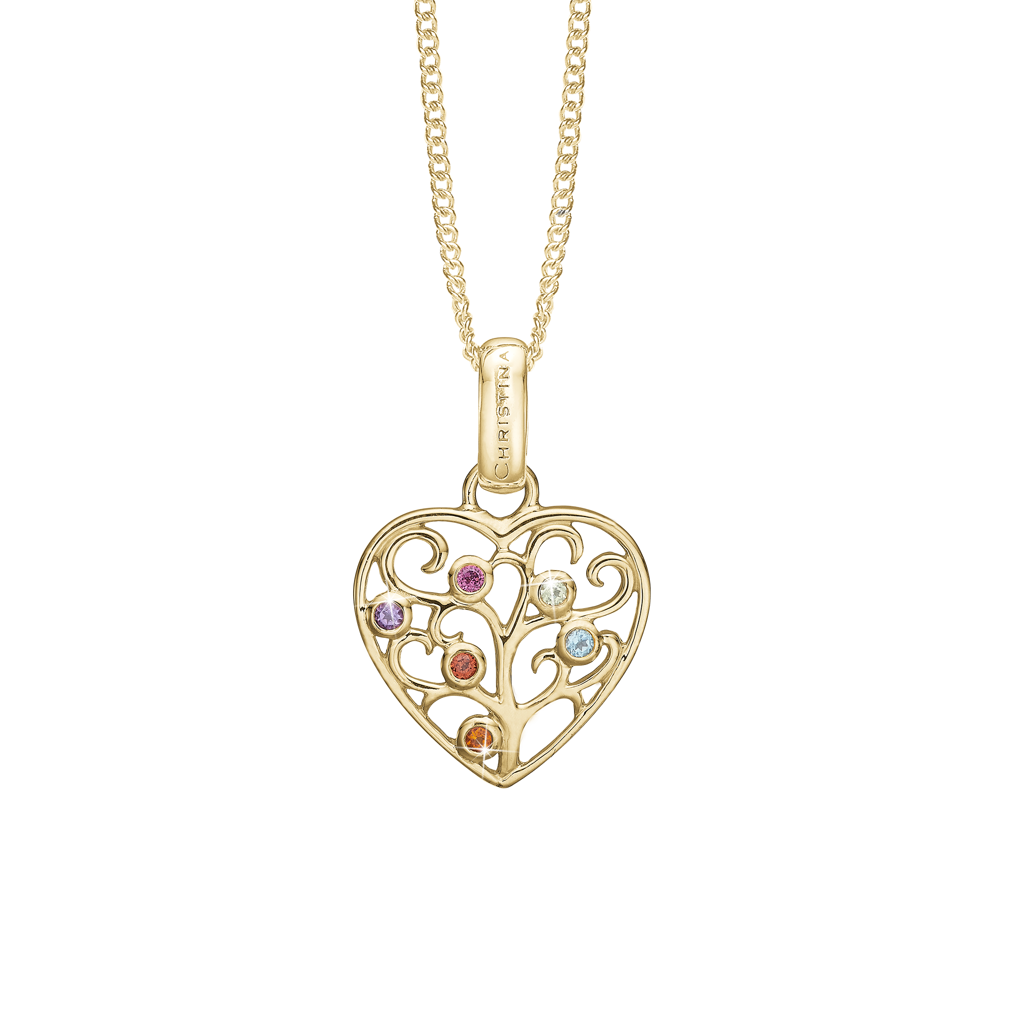 Family Tree of Love Earring Pendant - Polished Gold Plated Sterling Silver with 6 Multi color Cubic Zirkonia