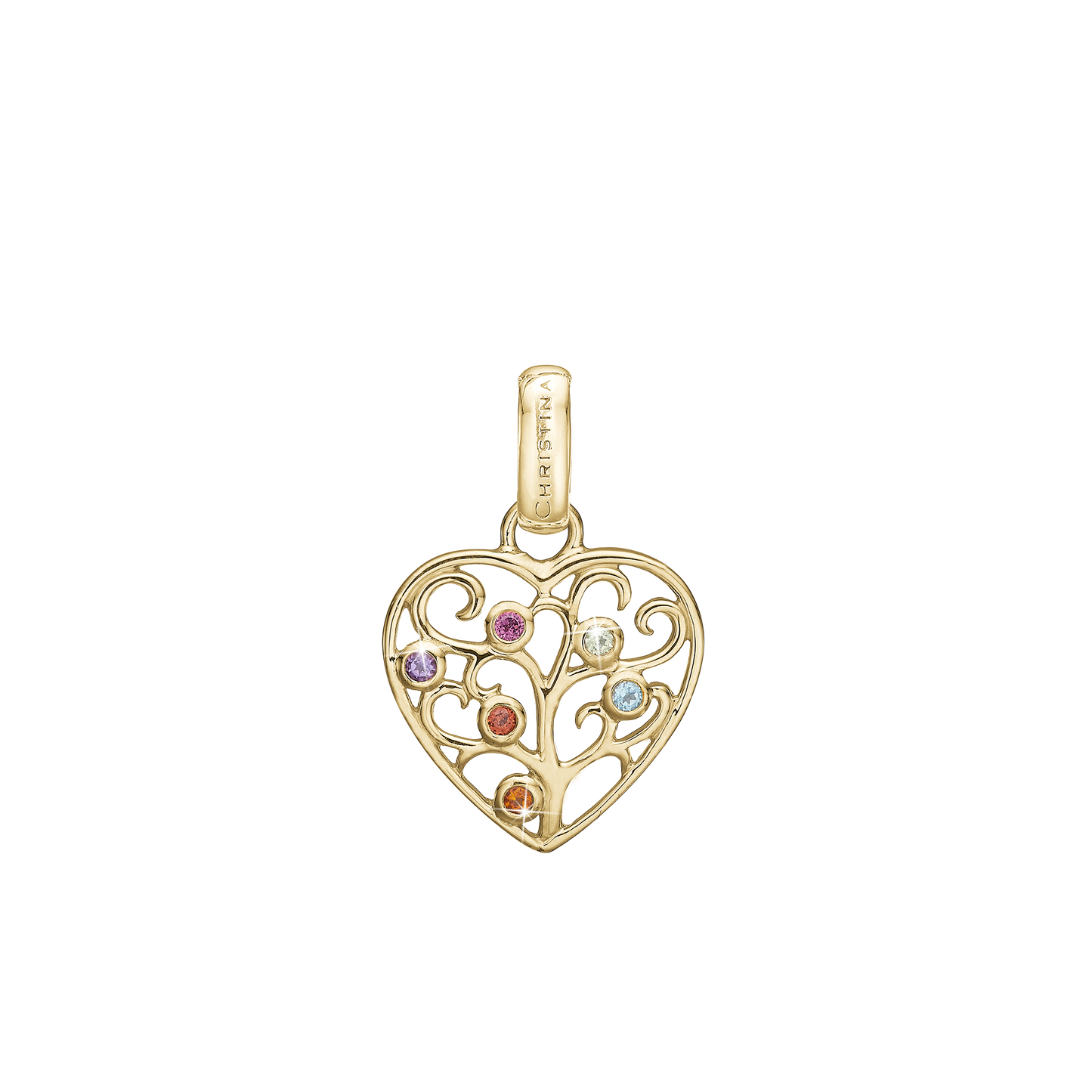 Family Tree of Love Earring Pendant - Polished Gold Plated Sterling Silver with 6 Multi color Cubic Zirkonia