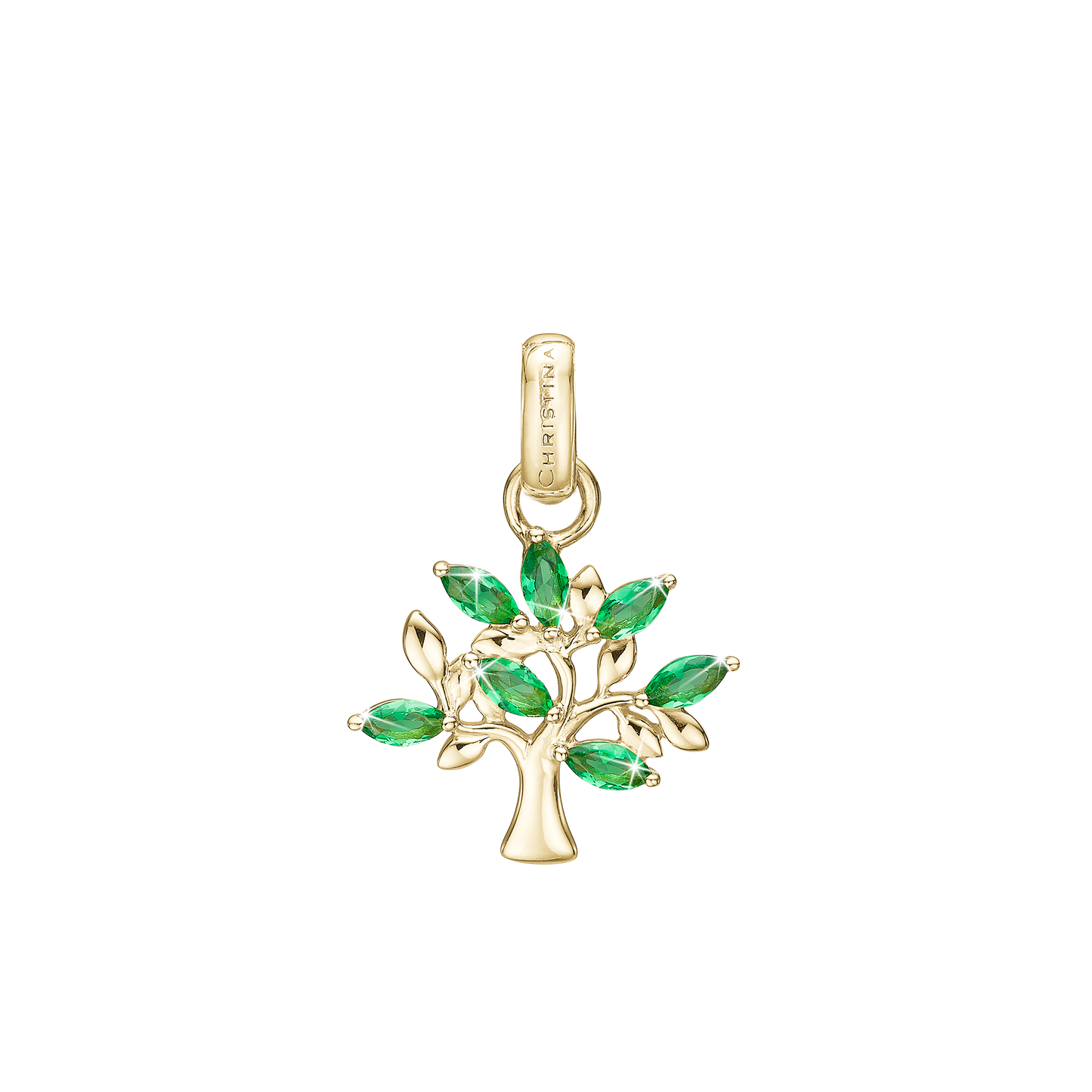 Green Family Tree Earring Pendant - Gold Plated Sterling Silver with 7 Greenne Cubic Zirkonia