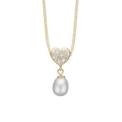Sparkling Heart Earring Pendant - Gold Plated Sterling Silver with 14 white Cubic Zirkonia og 1 Ferskvandsperle