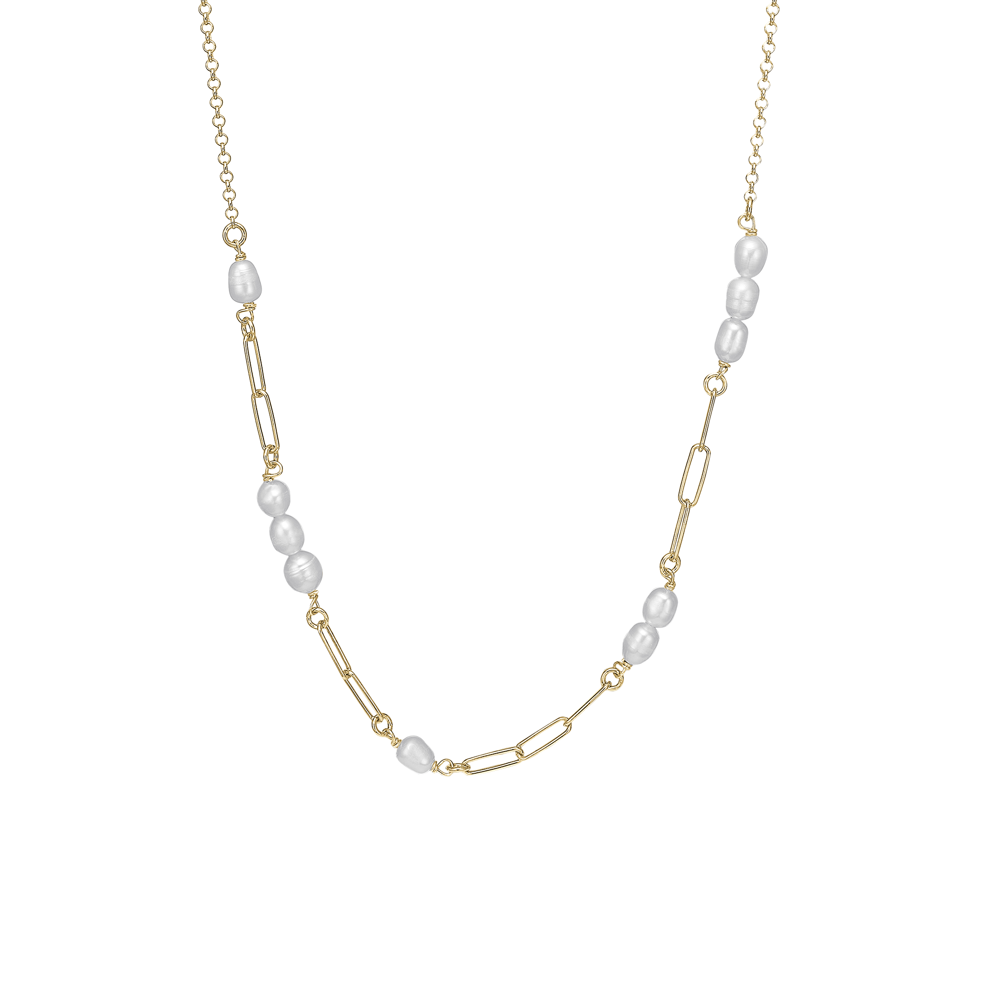 Links and Pearls Necklace - Gold Plated Sterling Silver with 10 white Freshwater Pearls