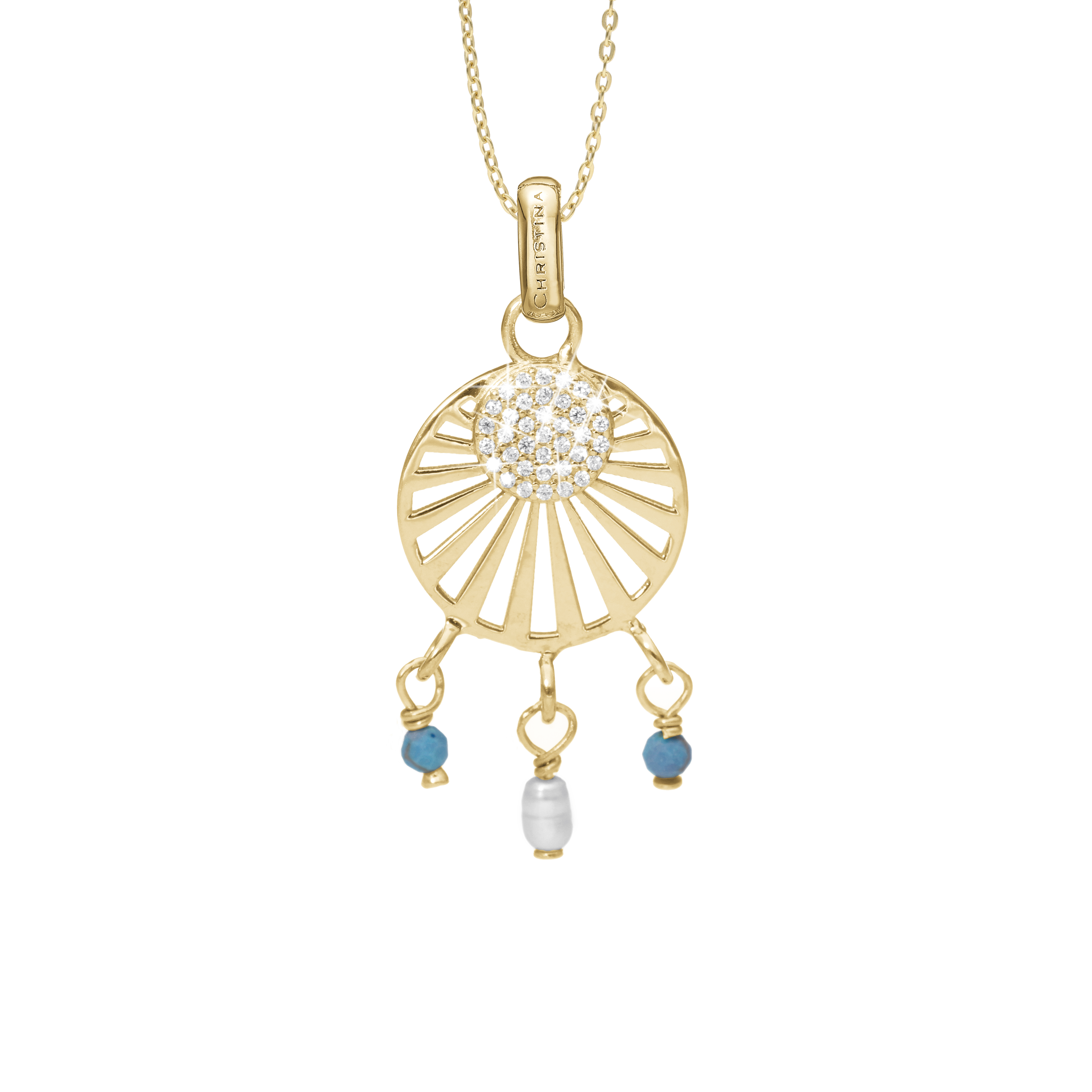 Ocean sunset Earring Pendant - Polished Gold Plated Sterling Silver with 37 white Cubic Zirkonia