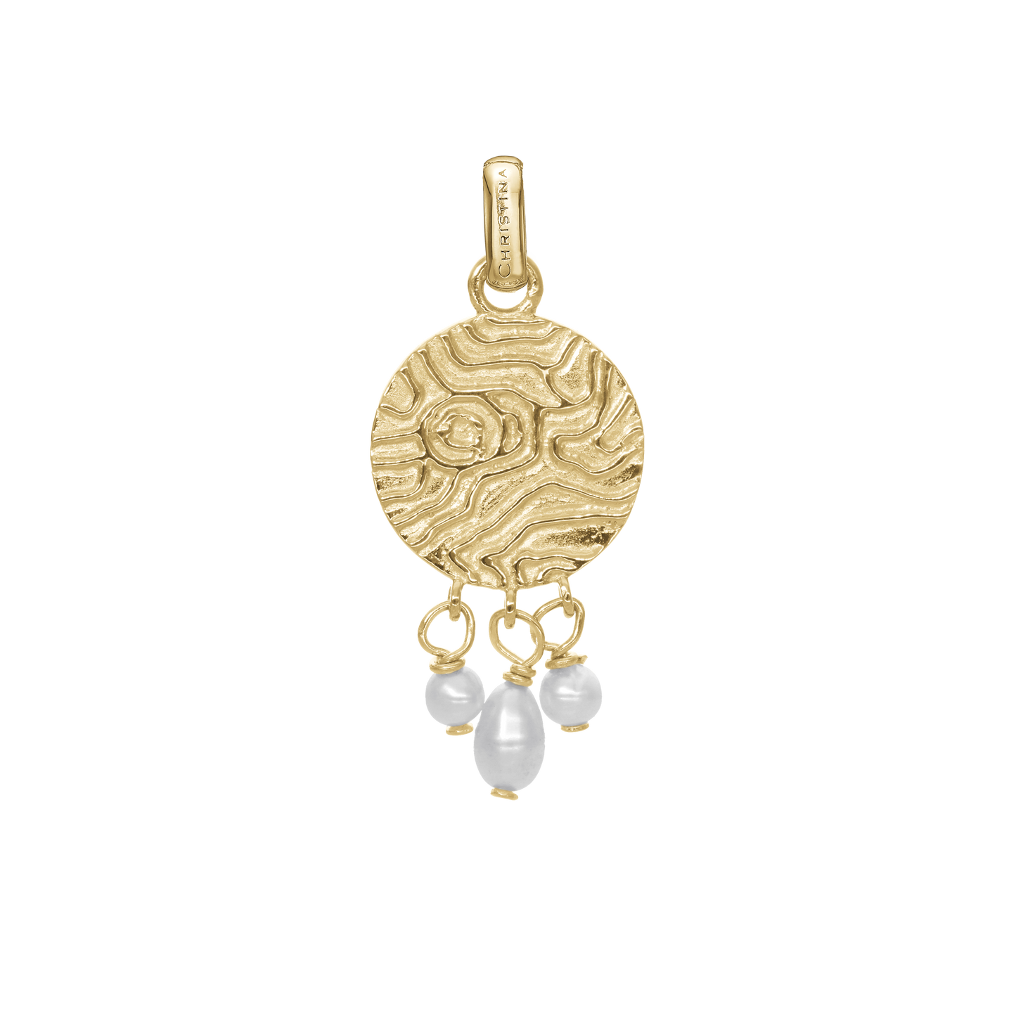 Dazzling imprint Earring Pendant - Polished Gold Plated Sterling Silver with 3 white Ferskvandsperler