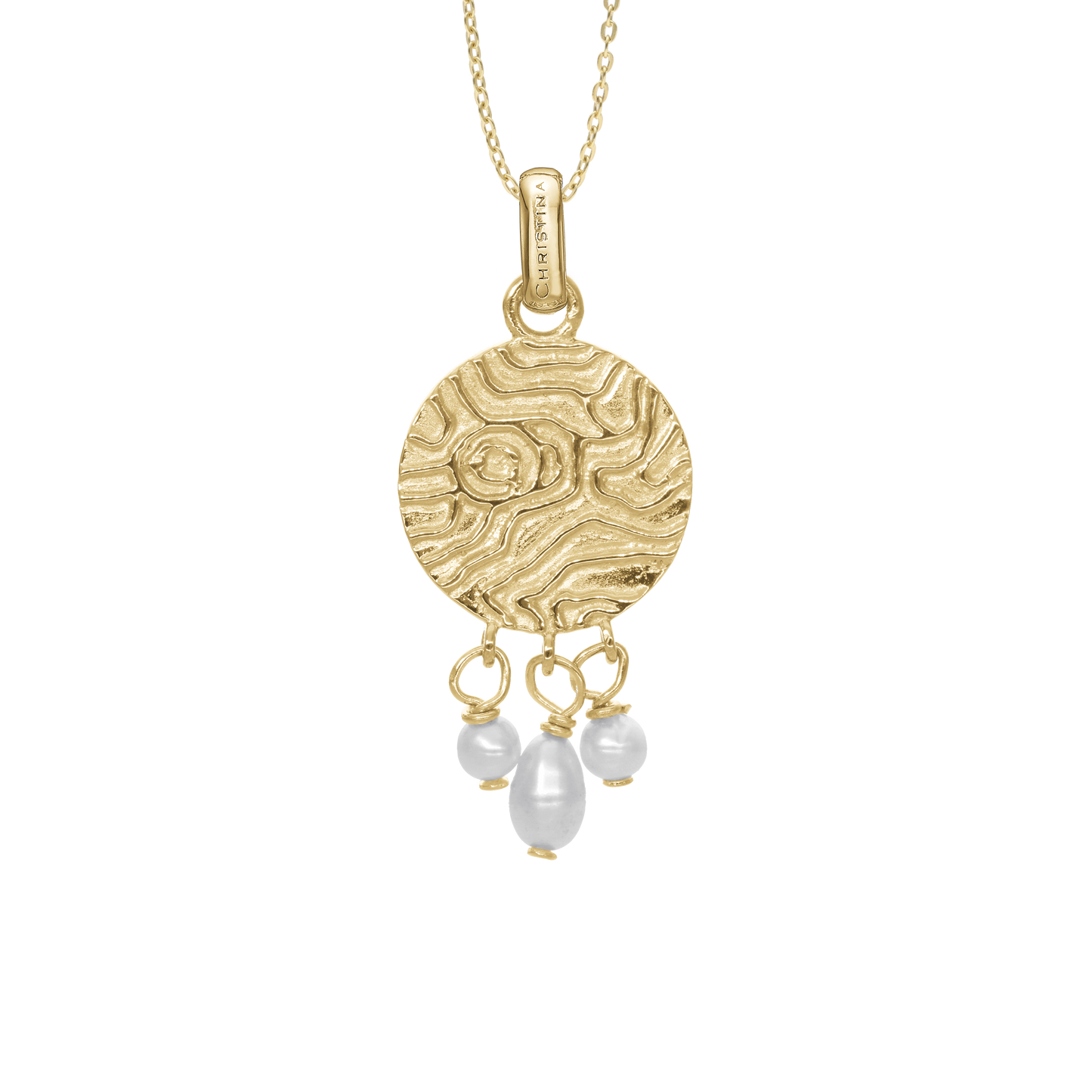 Dazzling imprint Earring Pendant - Polished Gold Plated Sterling Silver with 3 white Ferskvandsperler