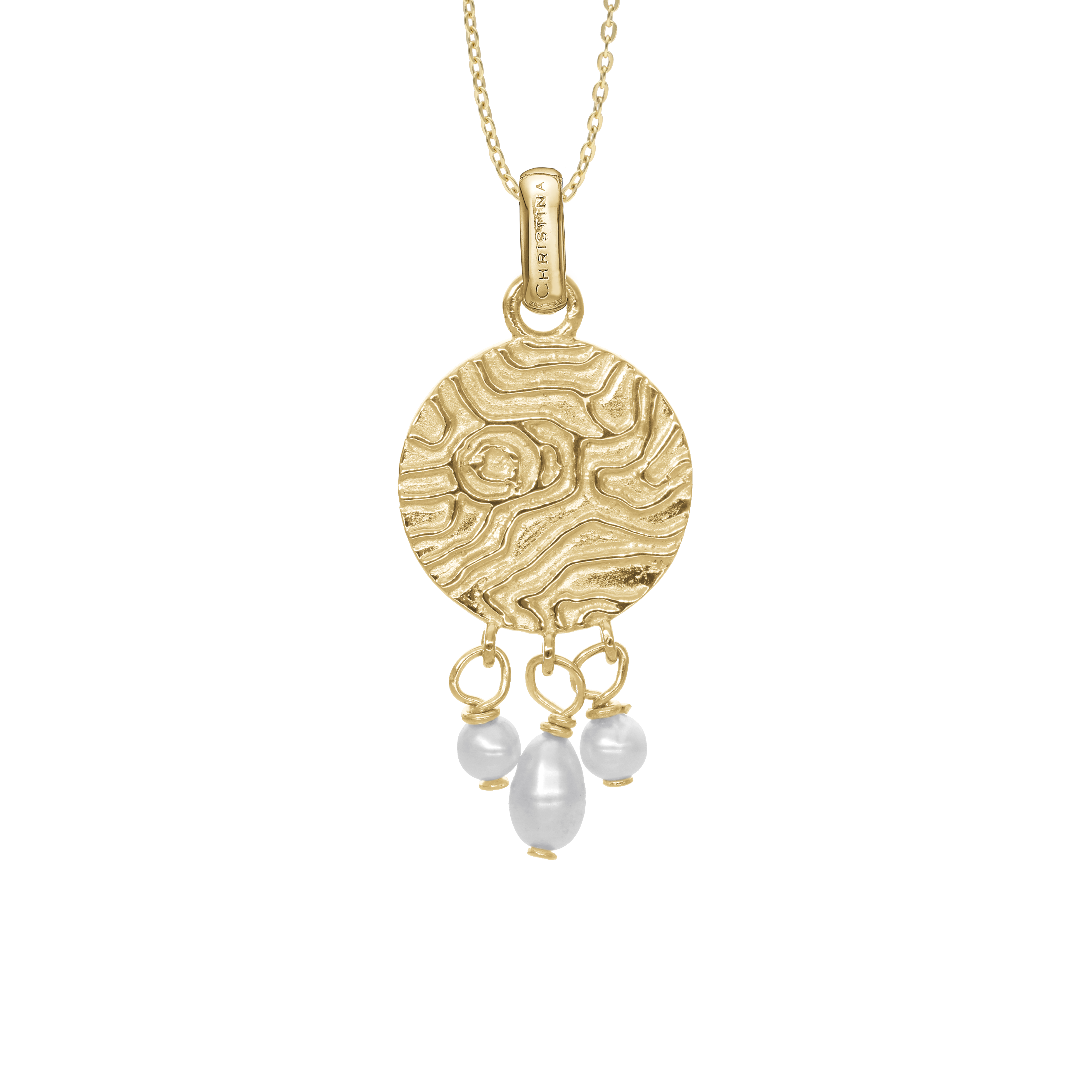 Dazzling imprint Pendant - Polished Gold Plated Sterling Silver with 3 white Freshwater pearls