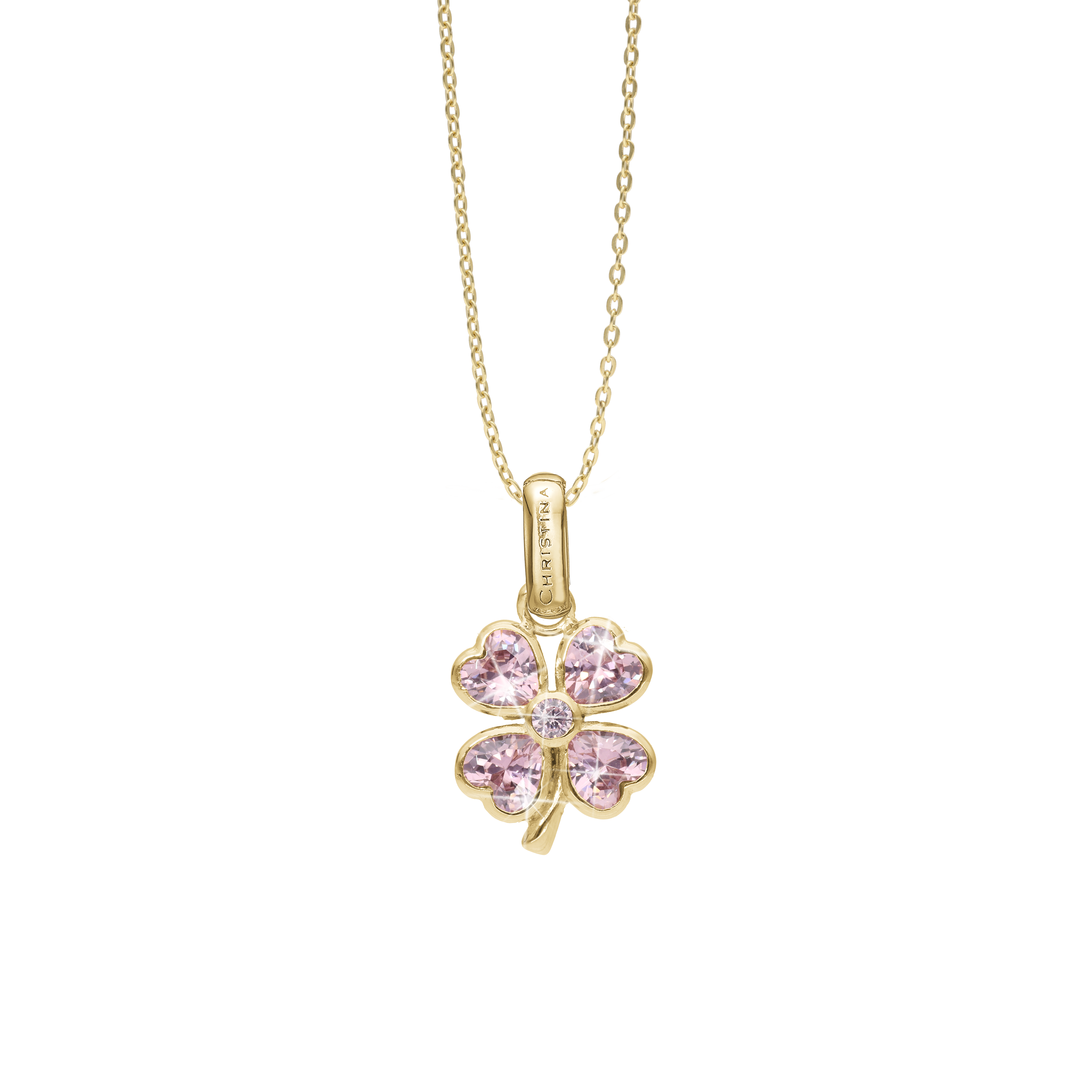 Pink Heart Clover Earring Pendant - Polished Gold Plated Sterling Silver with 5 Pinke Cubic Zirkonia