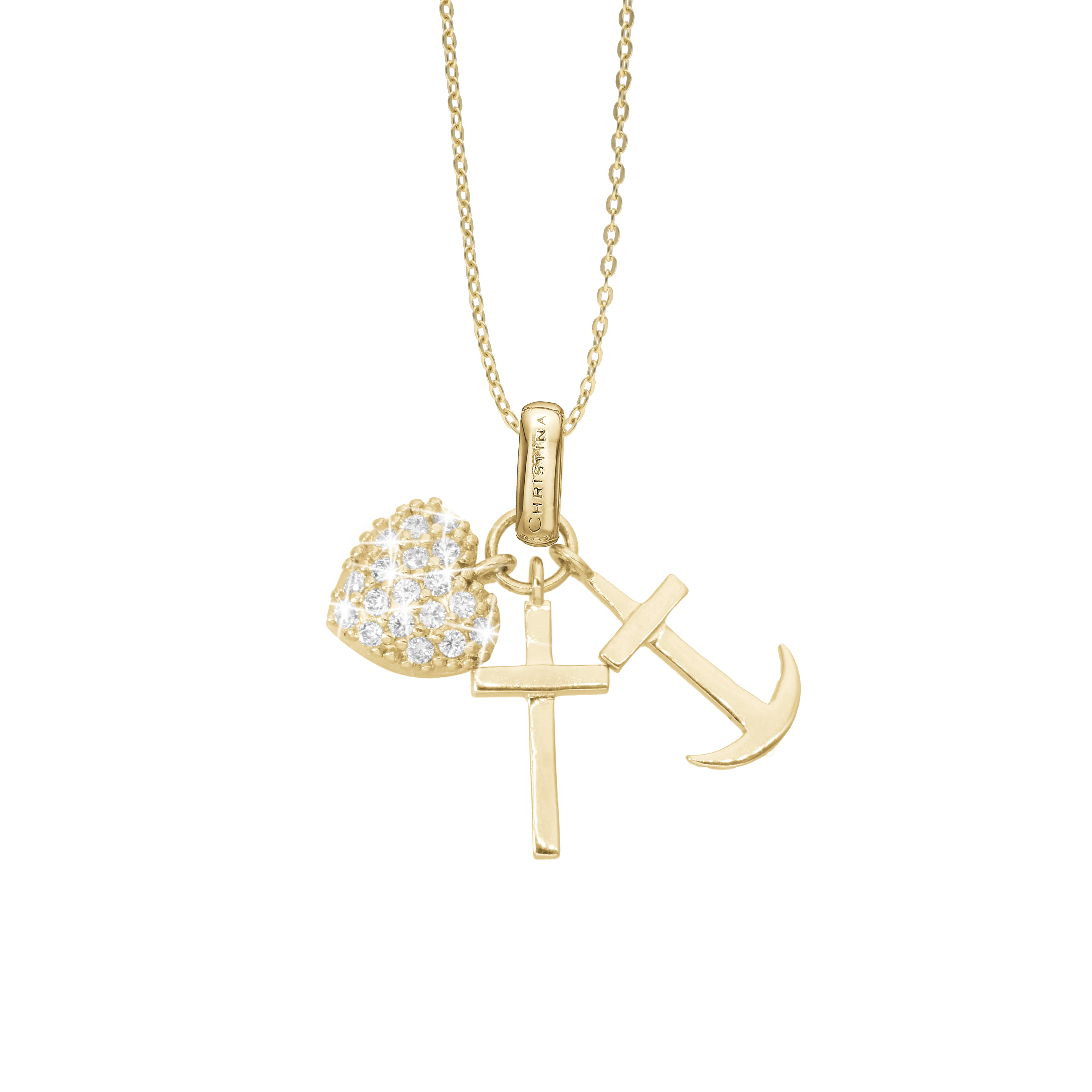 Faith Hope and Love Earring Pendant - Polished Gold Plated Sterling Silver with 32 white Cubic Zirkonia