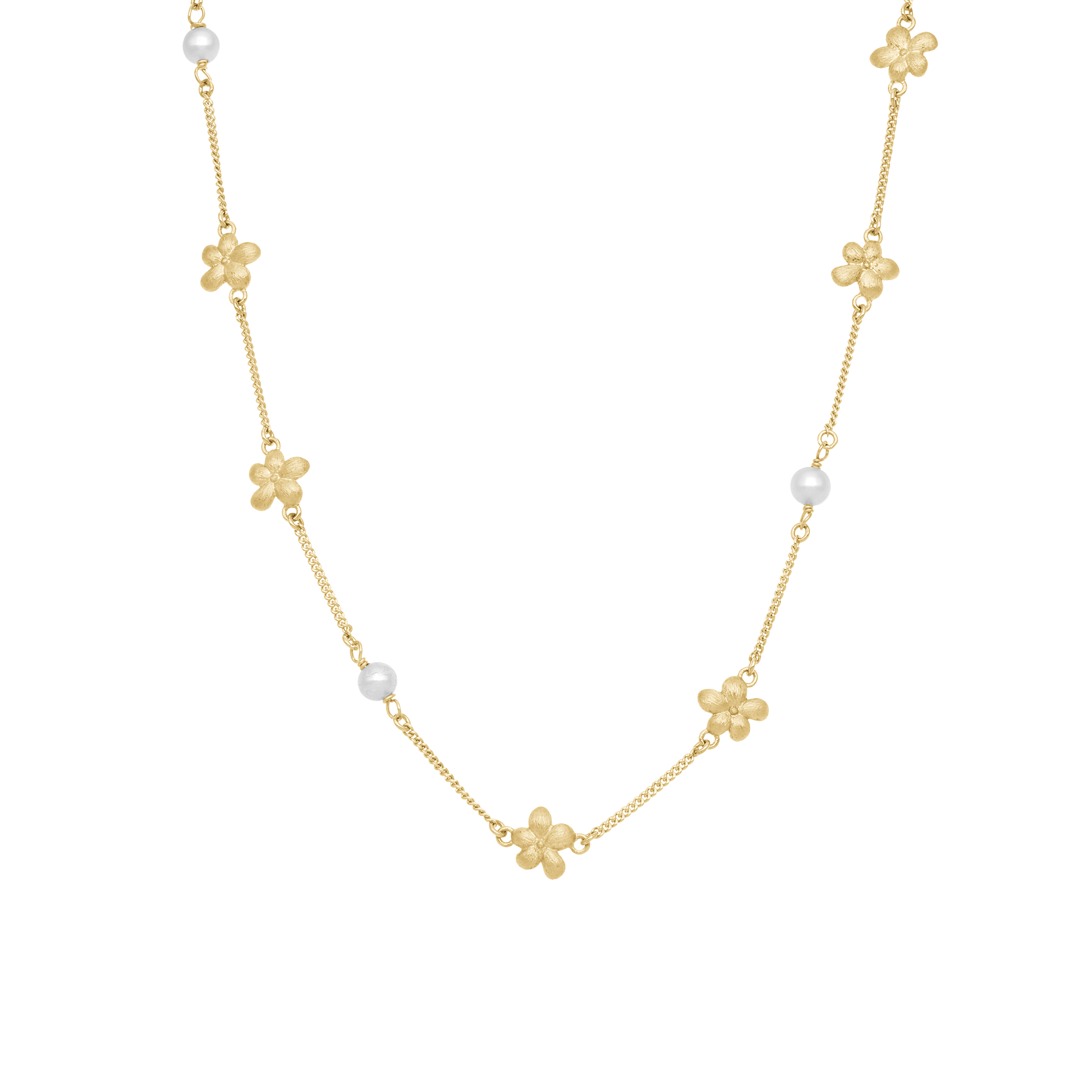 Graceful Flowers Necklace - Matte Gold Plated Sterling Silver with 3 white Freshwater pearls