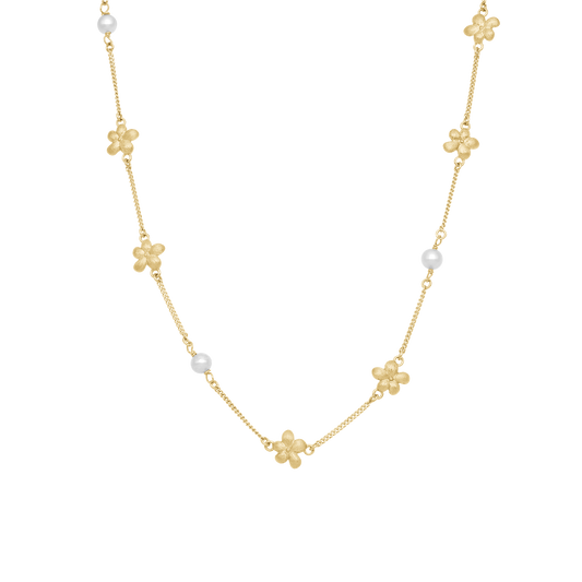 Graceful Flowers Necklace - Matte Gold Plated Sterling Silver with 3 white Ferskvandsperler