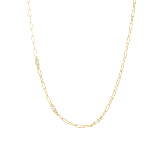 Shiny Links Necklace - Polished Gold Plated Sterling Silver with 3 white Cubic Zirkonia