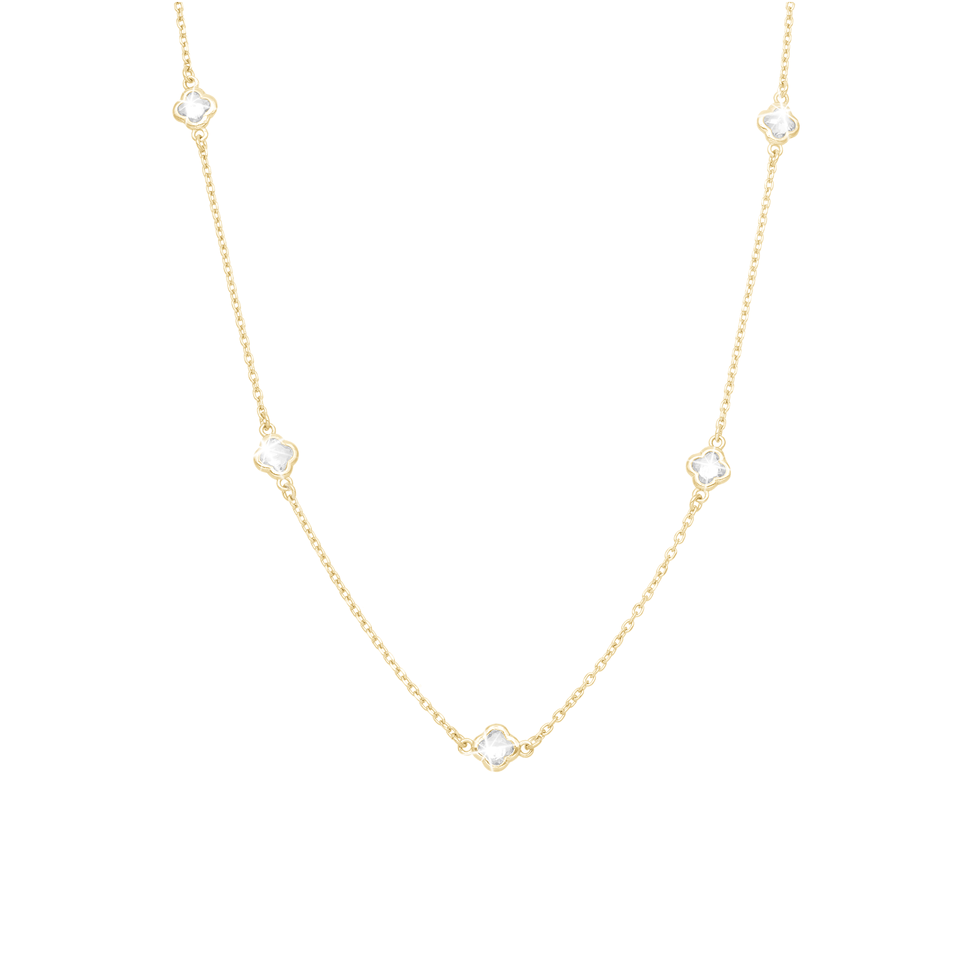 Glowing Clover Necklace - Polished Gold Plated Sterling Silver with 3 white Cubic Zirkonia