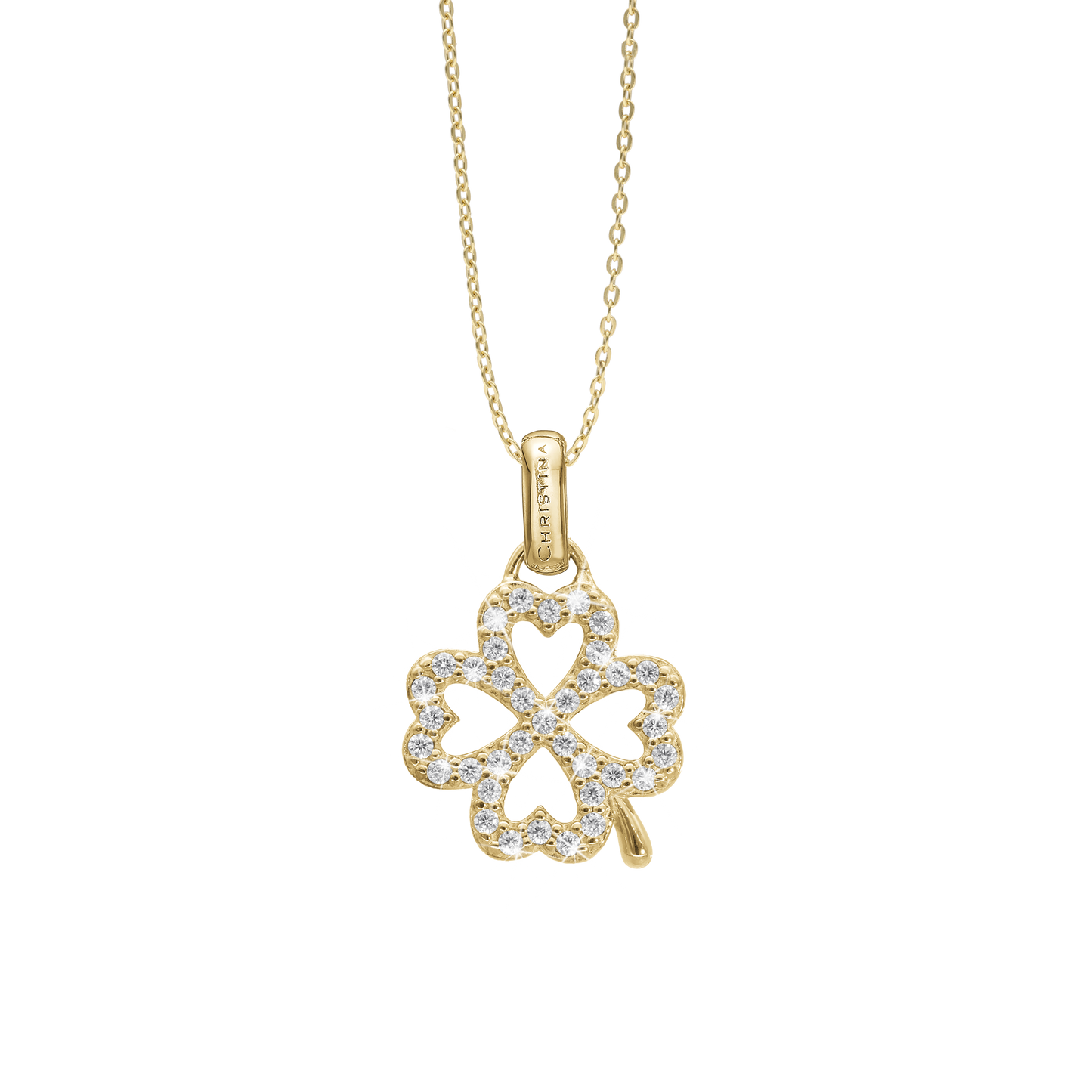 Shimmery Clover Earring Pendant - Polished Gold Plated Sterling Silver with 37 Cubic Zirkonia