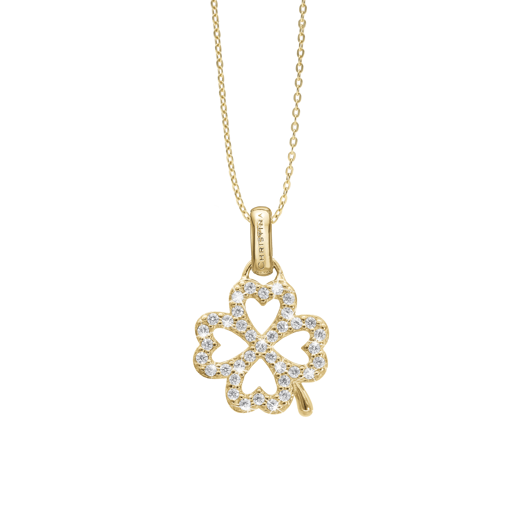 Shimmery Clover Earring Pendant - Polished Gold Plated Sterling Silver with 37 Cubic Zirkonia