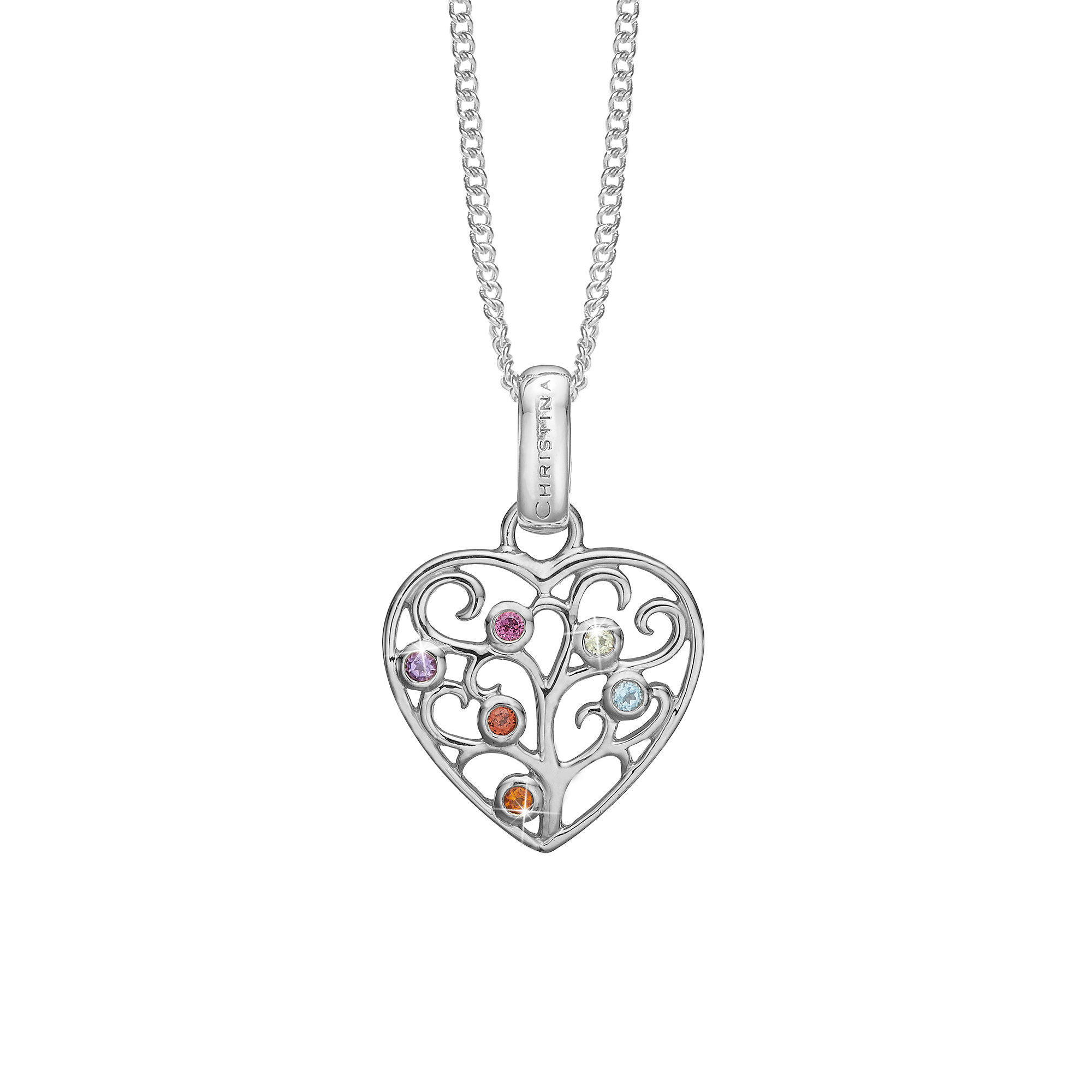 Family Tree of Love Earring Pendant - Polished Sterling Silver with 6 Multi color Cubic Zirkonia