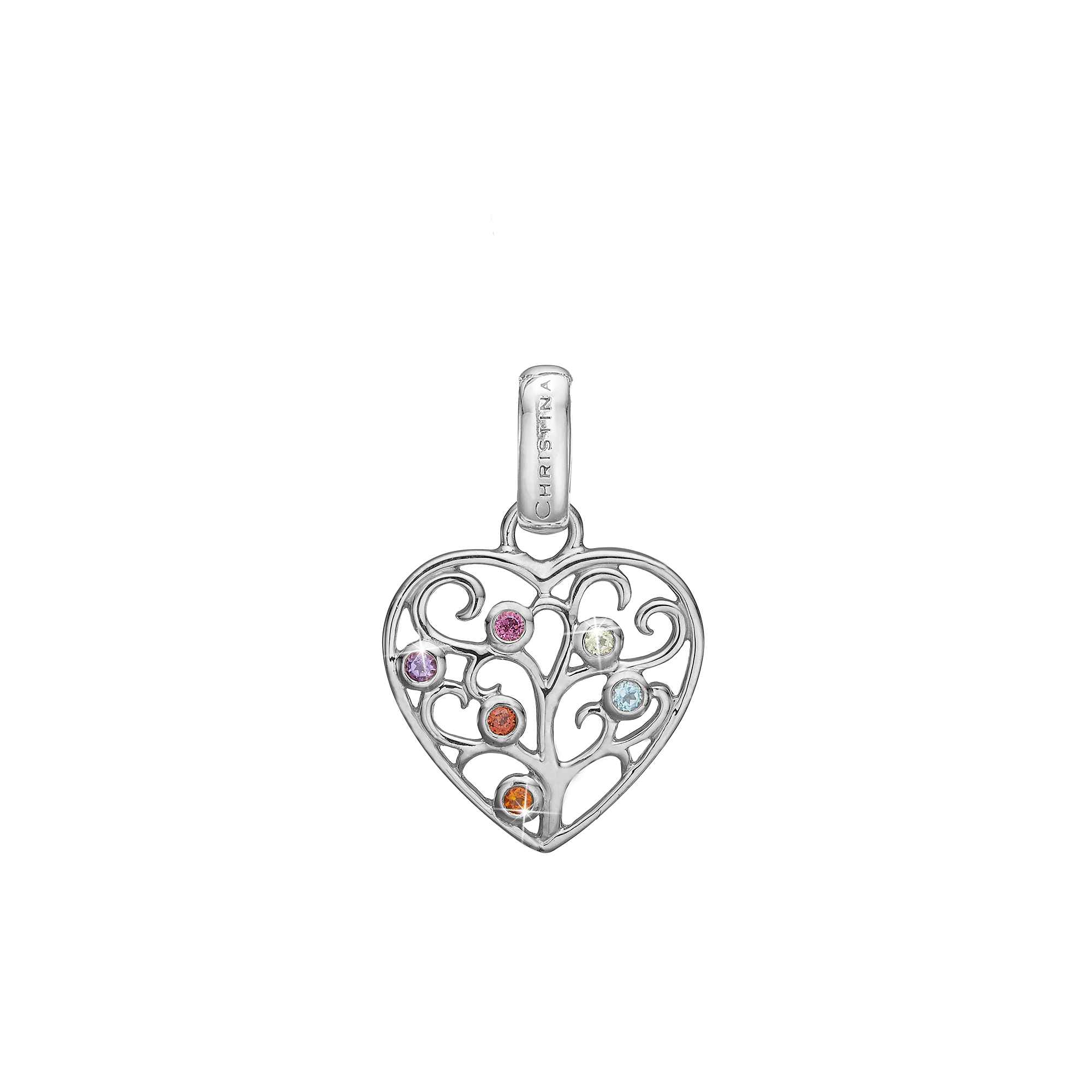 Family Tree of Love Earring Pendant - Polished Sterling Silver with 6 Multi color Cubic Zirkonia