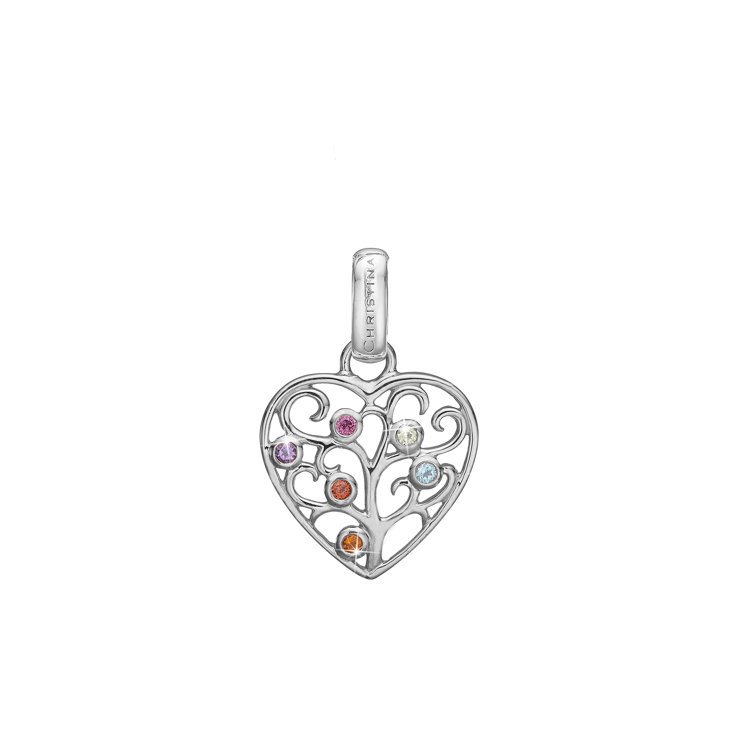 Family Tree of Love Earring Pendant - Polished Sterling Silver with 6 Multi color Cubic Zirkonia