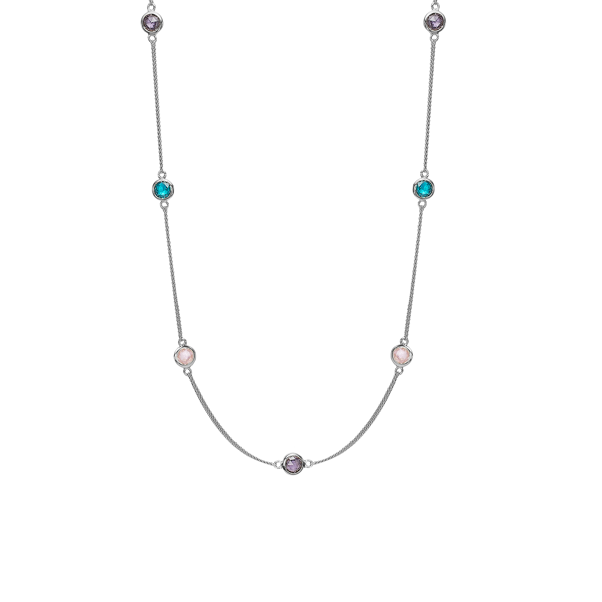 Colourful Champagne Necklace - Polished Sterling Silver with 7 Multi color Cubic Zirkonia