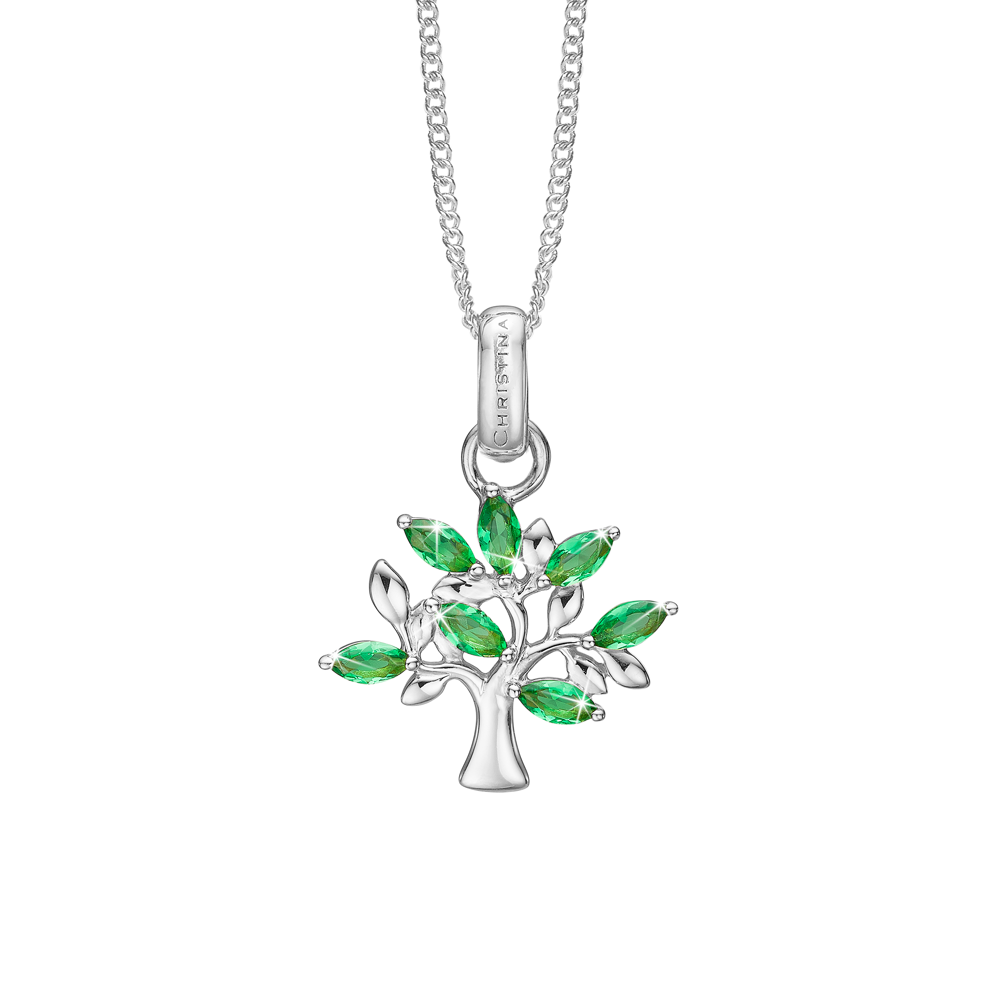 Green Family Tree Earring Pendant - Sterling Silver with 7 Greenne Cubic Zirkonia