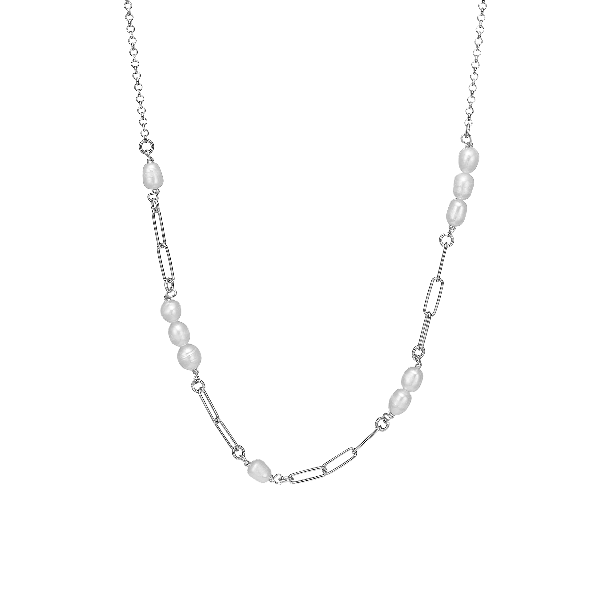 Links and Pearls Necklace - Sterling Silver with 10 white Freshwater Pearls