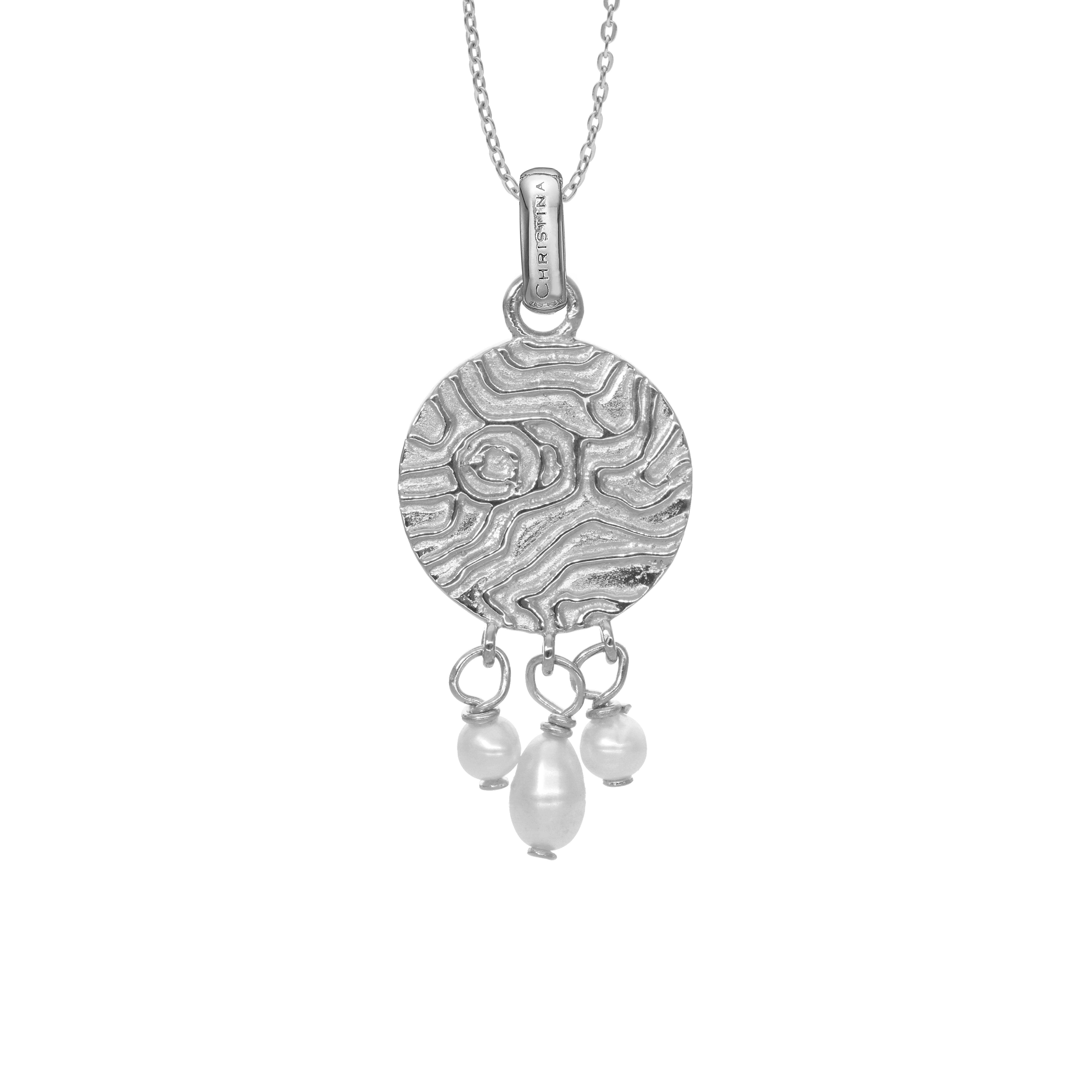 Dazzling imprint Earring Pendant - Polished Sterling Silver with 3 white Freshwater pearls