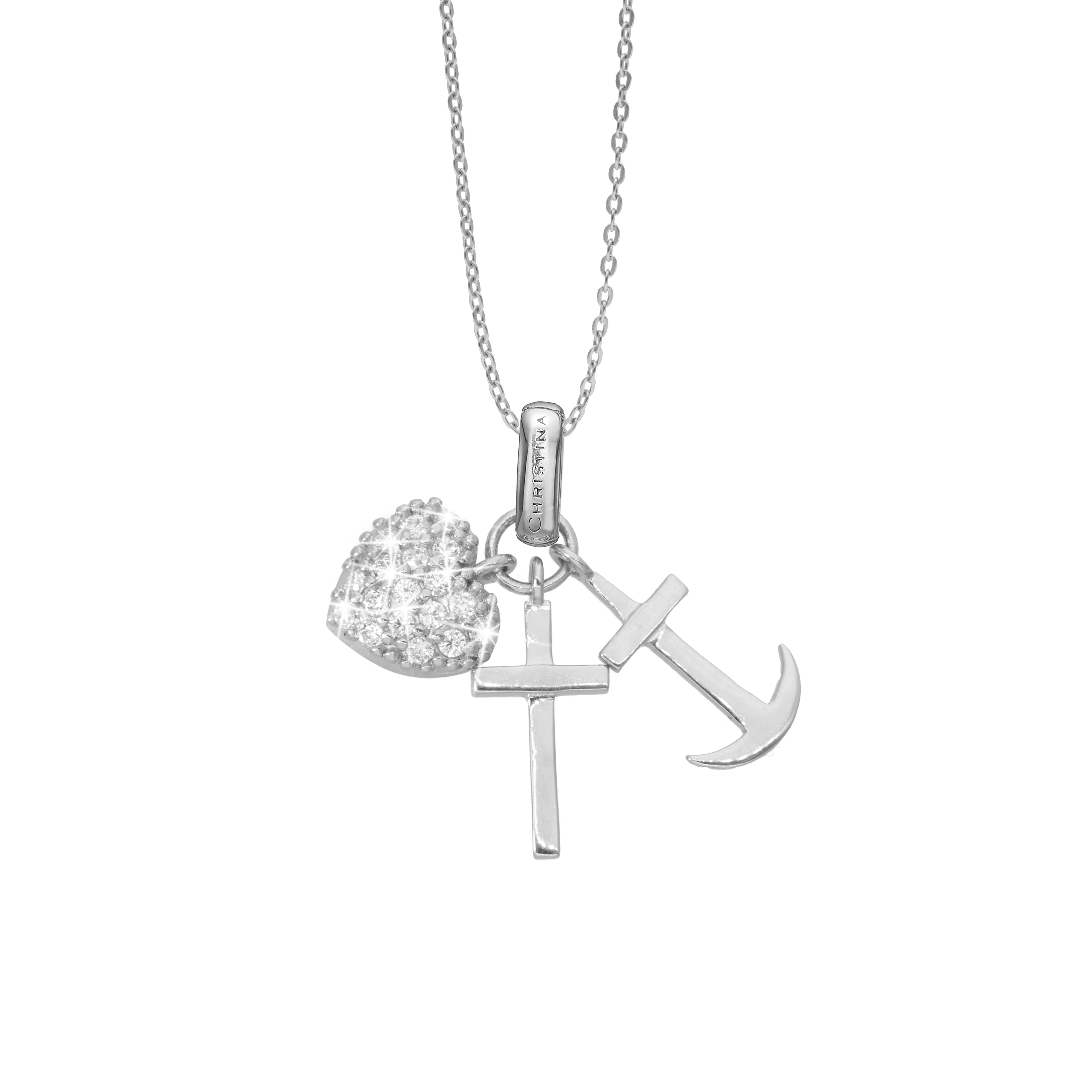 Faith Hope and Love Earring Pendant - Polished Sterling Silver with 32 white Cubic Zirkonia