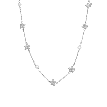 Graceful Flowers Necklace - Matte Sterling Silver with 3 white Ferskvandsperler
