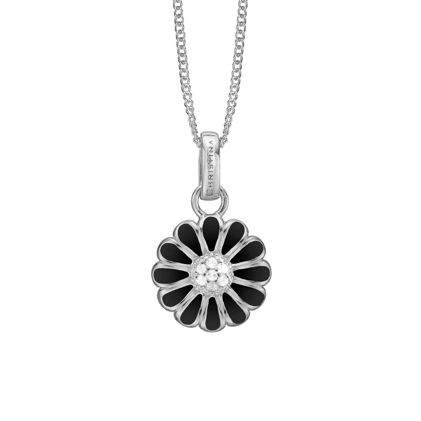 16 mm Black Marguerite Earring Pendant - Sterling Silver with 7 white