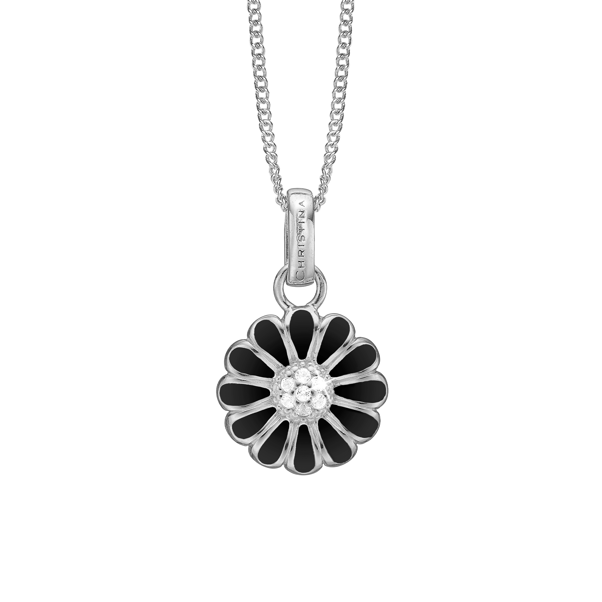 16 mm Black Marguerite Earring Pendant - Sterling Silver with 7 white