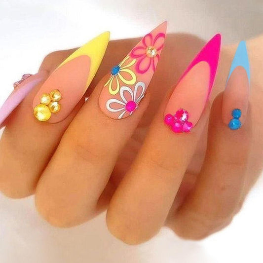 Rainbow Small Flower Wear Drop Shape Pointed Toe Nail Tip Rhinestone Wearable French