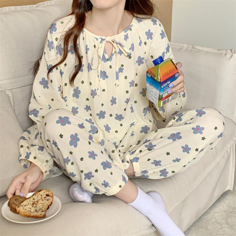 Women's Pajamas Cotton Yarn Print Pullover Tie