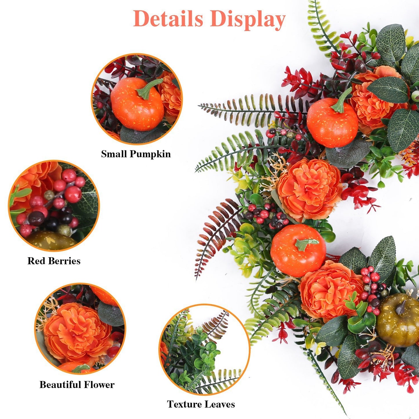 1Pc 17.71IN Autumn Wreath With Pumpkin Mixed Leaves Berries Flowers Fall Decoration For Indoor Outdoor Window Wall Front Door In Halloween Thanks Giving Day