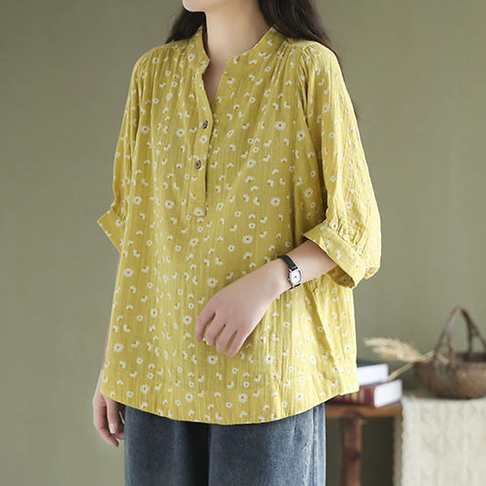 Women's Short Sleeve Cotton Yarn Print Stand Collar Shirt