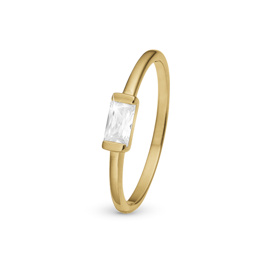 White single Baguette Ring - Polished Gold Plated Sterling Silver with 1 Cubic Zirkonia