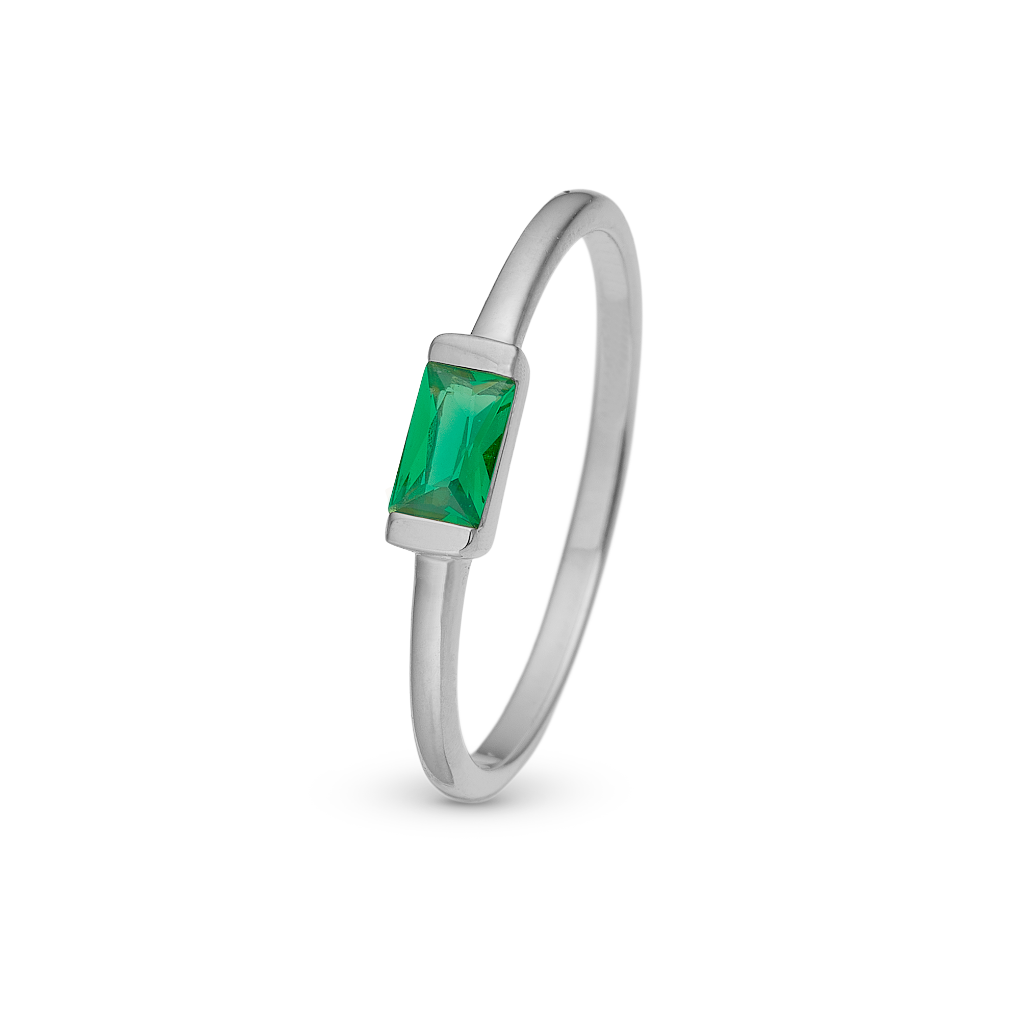 Green single Baguette Ring - Polished Sterling Silver with 1 Cubic Zirkonia