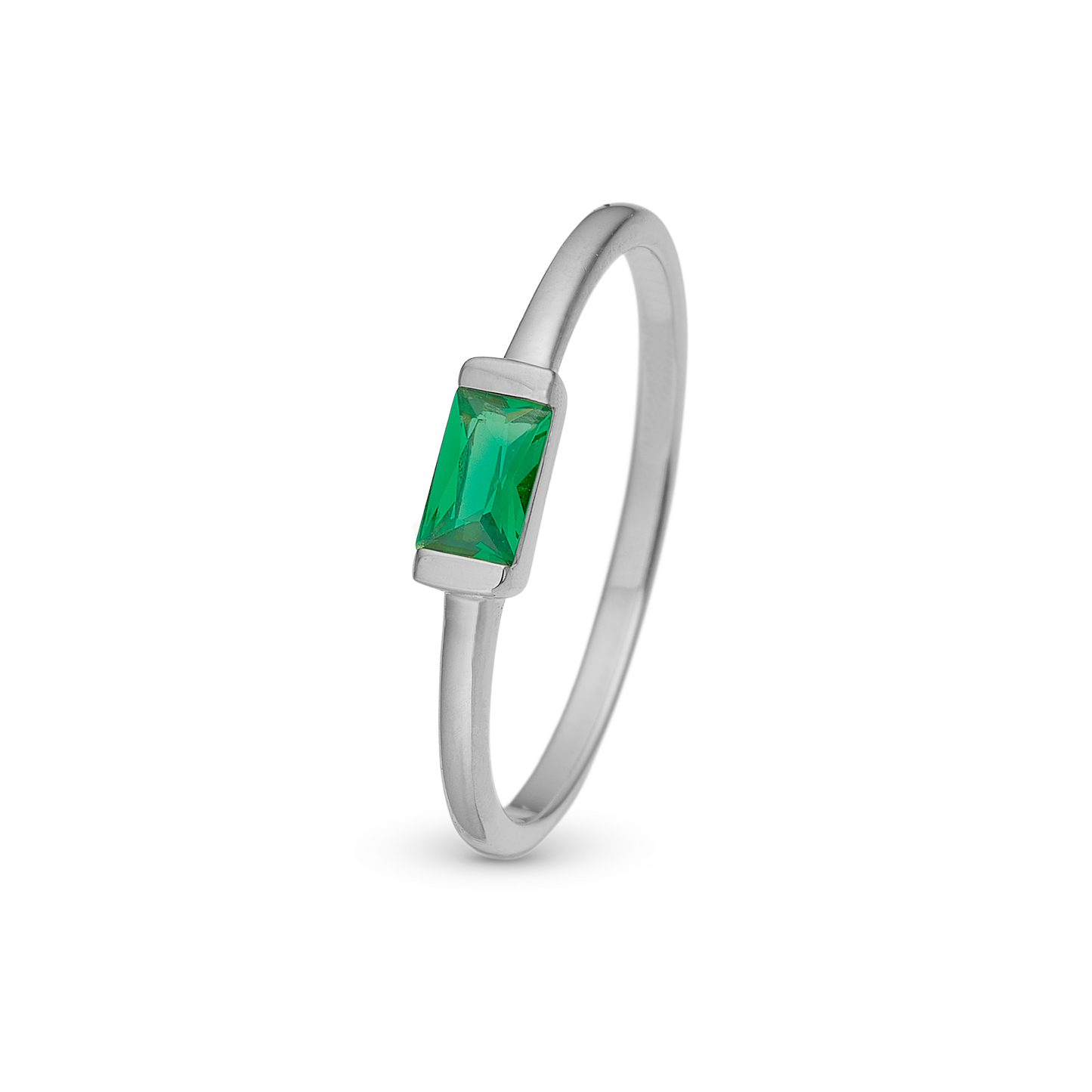 Green single Baguette Ring - Polished Sterling Silver with 1 Cubic Zirkonia