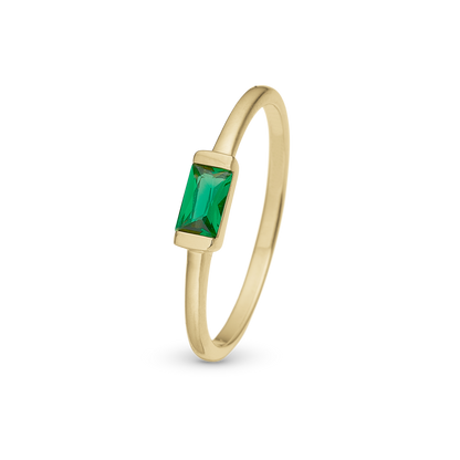 Green single Baguette Ring - Polished Gold Plated Sterling Silver with 1 Cubic Zirkonia