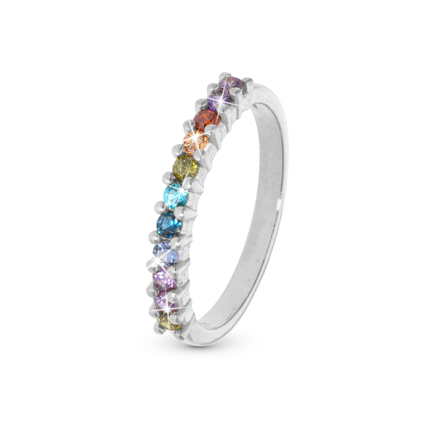 Rainbow Ring - Polished Sterling Silver with 11 Multi color Cubic Zirkonia