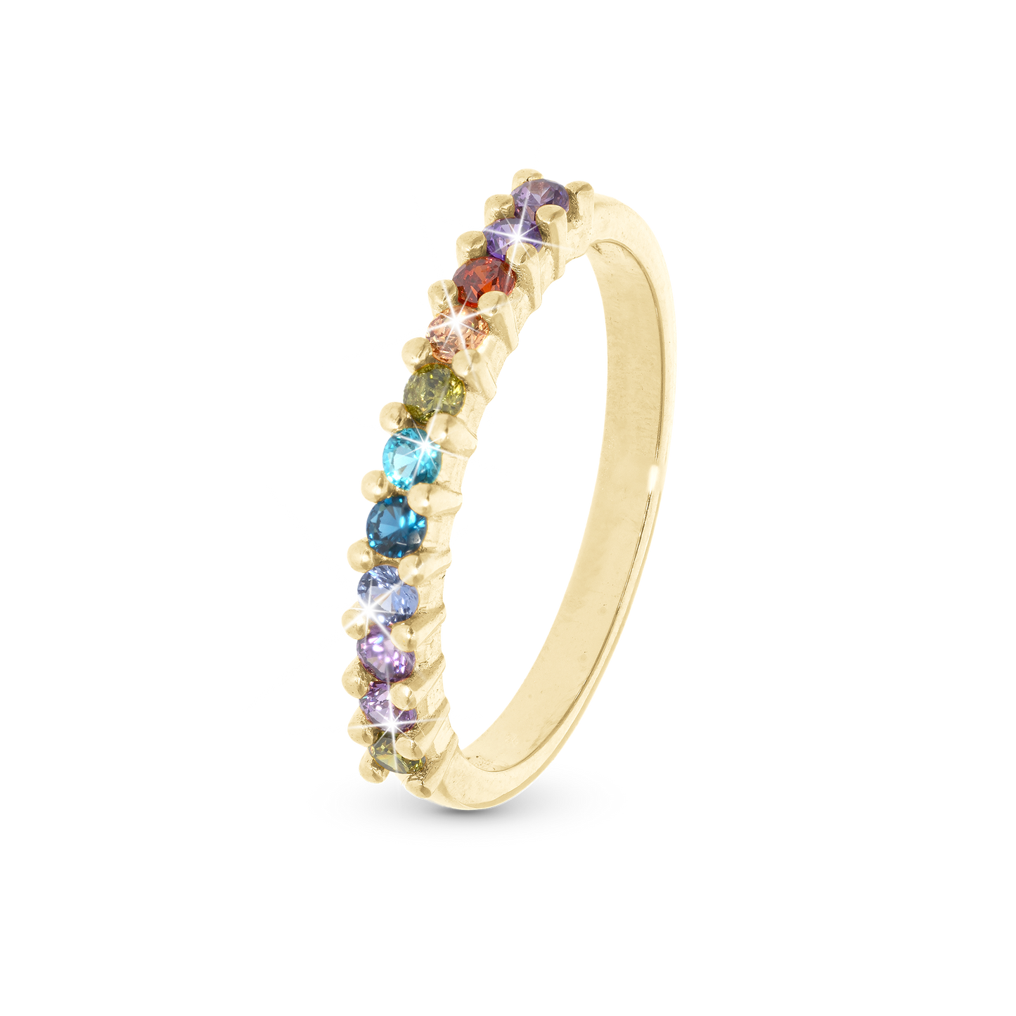 Rainbow Ring - Polished Gold Plated Sterling Silver with 11 Multi color Cubic Zirkonia