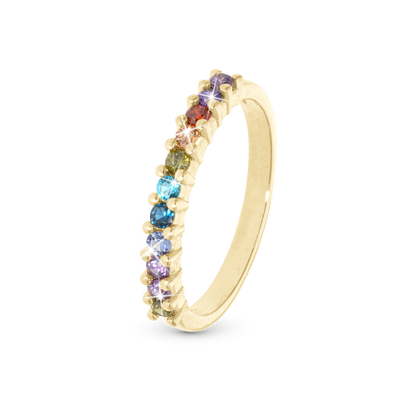 Rainbow Ring - Polished Gold Plated Sterling Silver with 11 Multi color Cubic Zirkonia