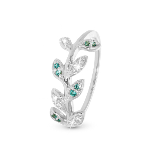 ColoWatchful Leaves Ring - Polished Sterling Silver with 7 white Cubic Zirkonia