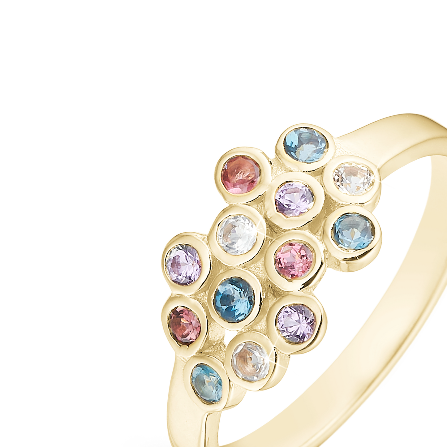 Colourful Champagne Ring - Polished Gold Plated Sterling Silver with 13 Multi color Multi stone