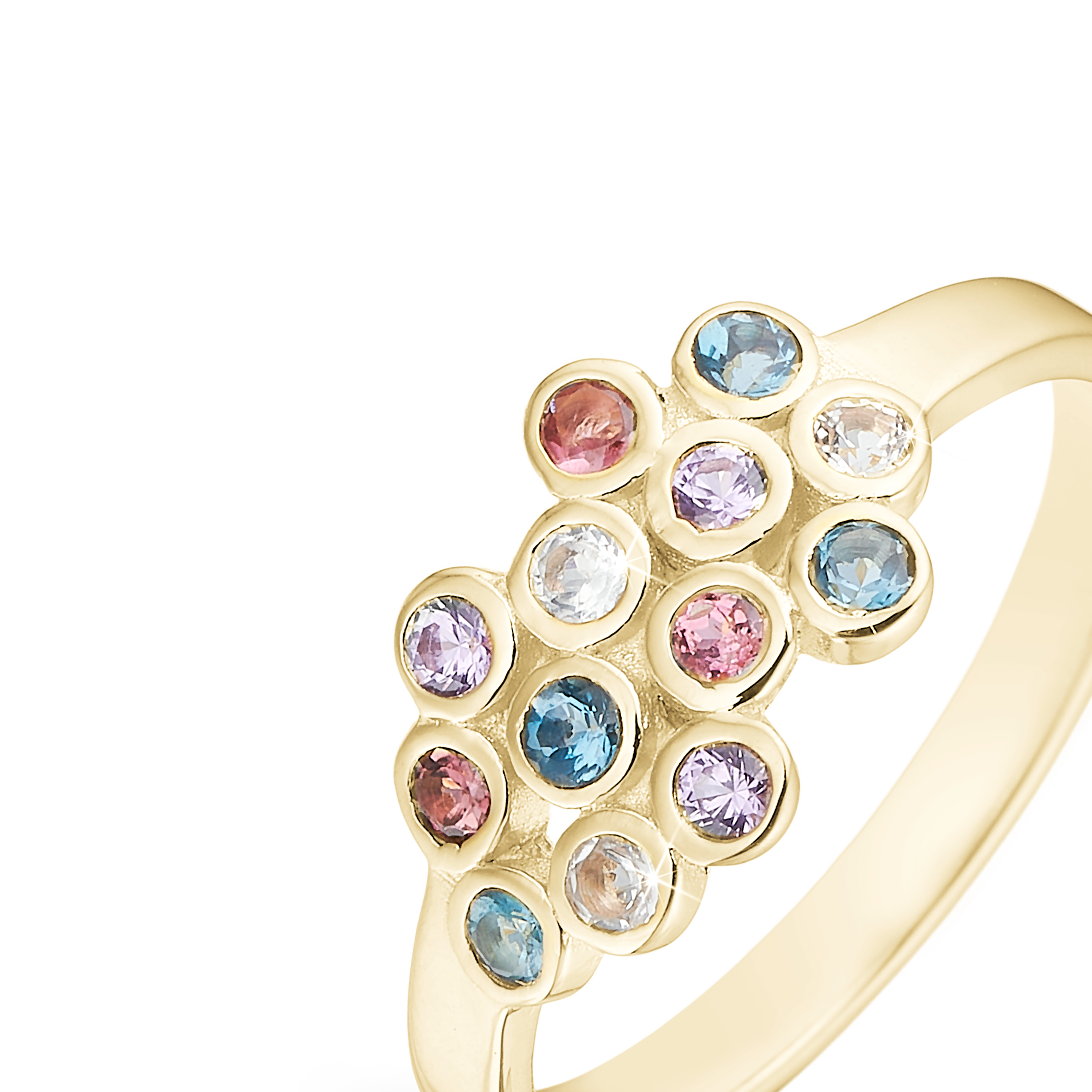 Colourful Champagne Ring - Polished Gold Plated Sterling Silver with 13 Multi color Multi stone