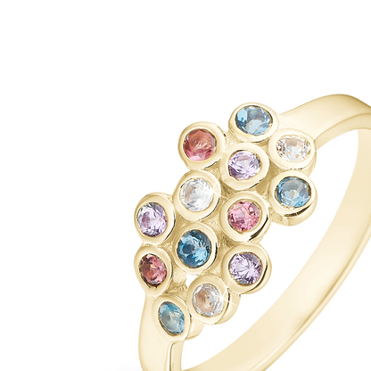 Colourful Champagne Ring - Polished Gold Plated Sterling Silver with 13 Multi color Multi stone