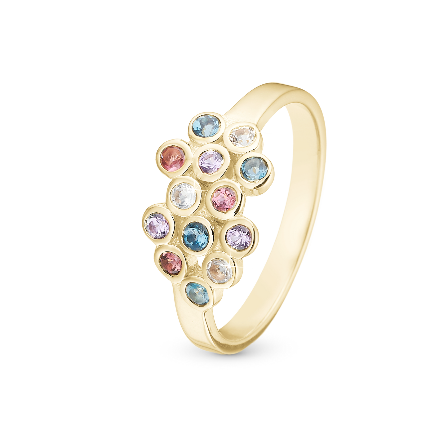 Colourful Champagne Ring - Polished Gold Plated Sterling Silver with 13 Multi color Multi stone