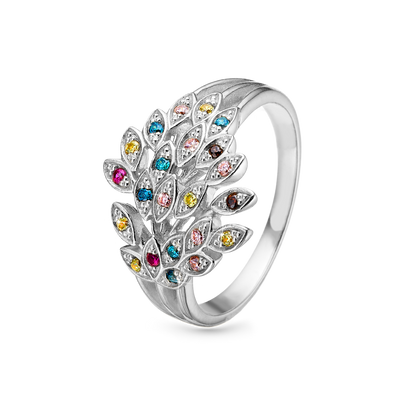 Peacock Ring - Polished Sterling Silver with 22 Multi color Cubic Zirkonia